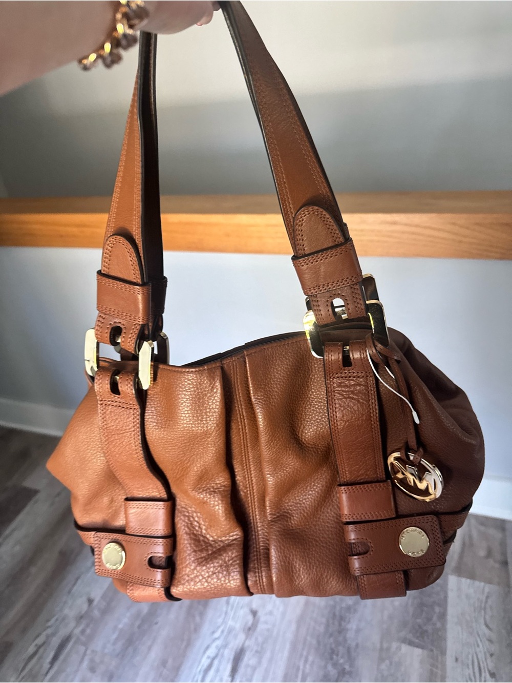 Michael Kors Cognac Leather Shoulder Tote with Gold Hardware